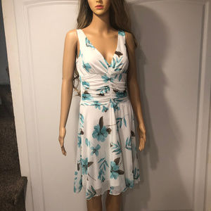 Really cute white with soft teal flowers dress.